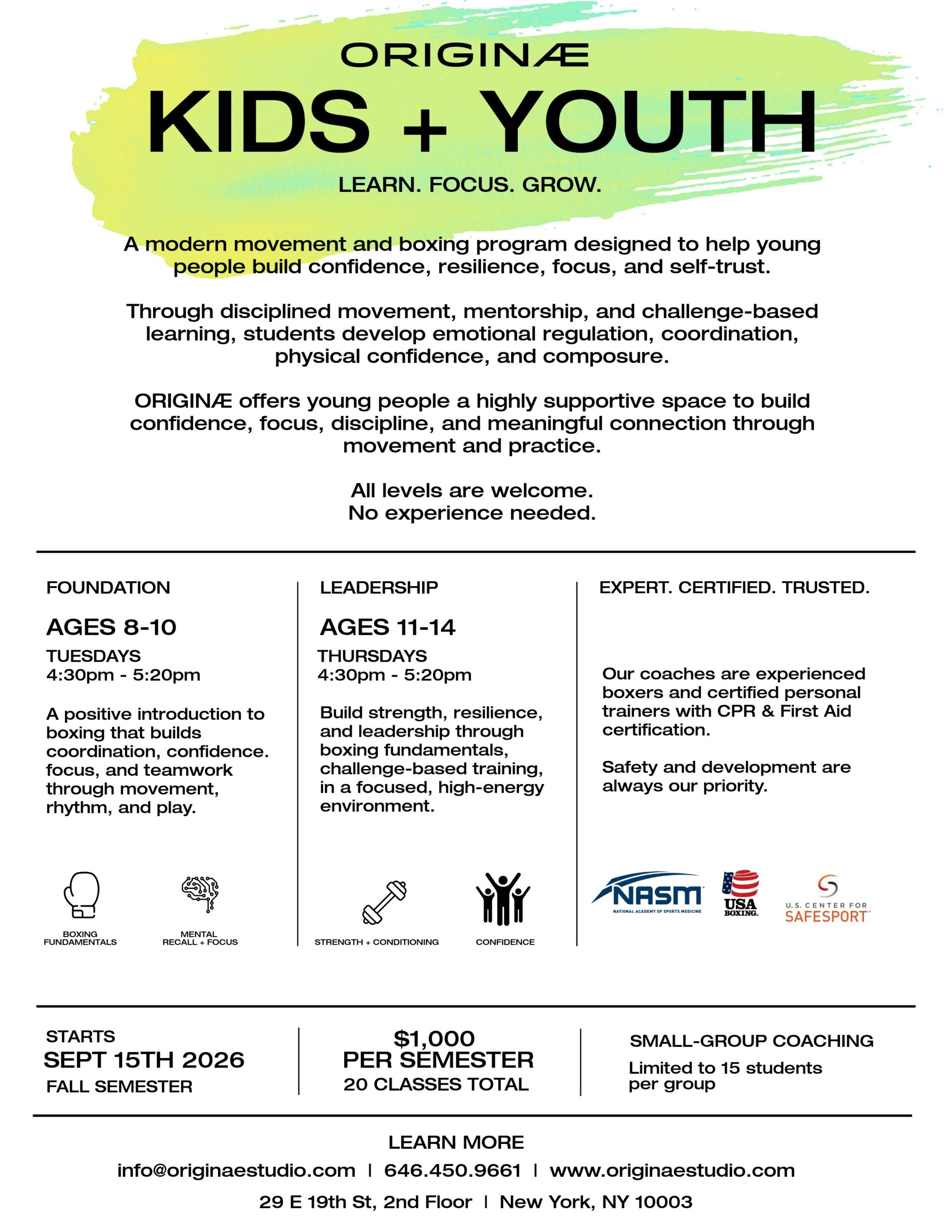 ORIGINÆ Kids and Youth Program Flyer